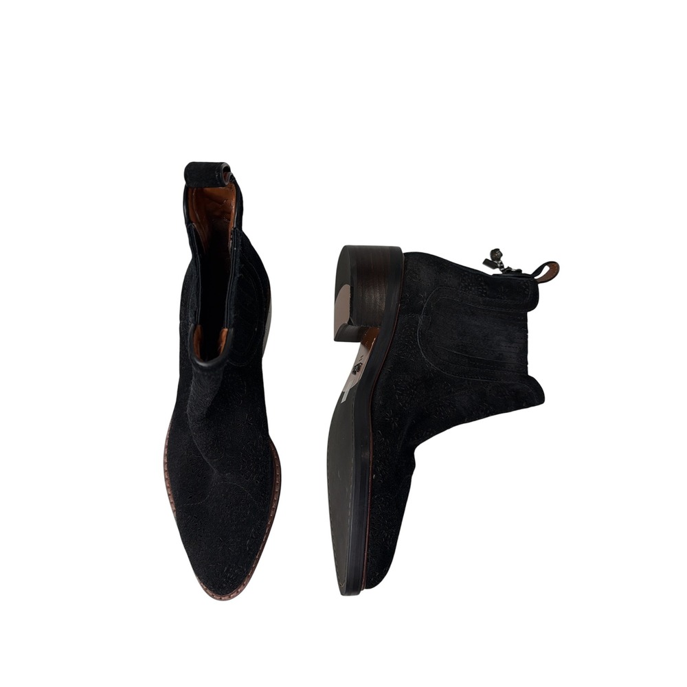 Coach Black Suede Floral Laser Cut Pointed Toe Chelsea Ankle Boots Womens 5.5 - Picture 2 of 6